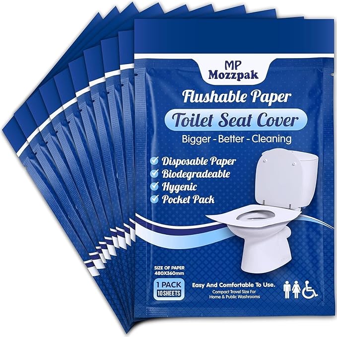 MP MOZZPAK Toilet Seat Covers Disposable - 10 Packs(100 Pcs) - XL Flushable Disposable Toilet Seat Cover for Kids Potty Training, Adults - 100% Biodegradable - Travel Accessories for Airplane, Camping