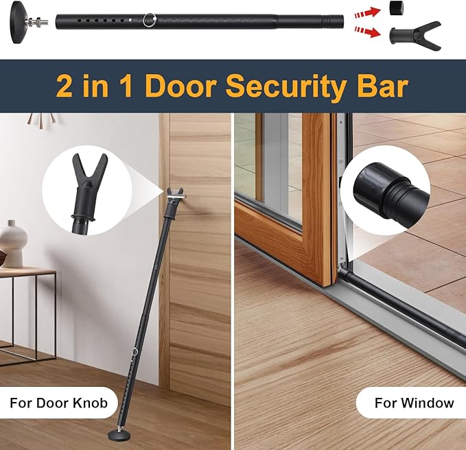 Door Stoppers Security Bar,Heavy Duty Portable Door Lock,2-in-1 Adjustable Sliding Door Lock Bar,Door Barricade Security Bars for Window, Front Door, Patio Door, Apartment, Hotel Room (Black)