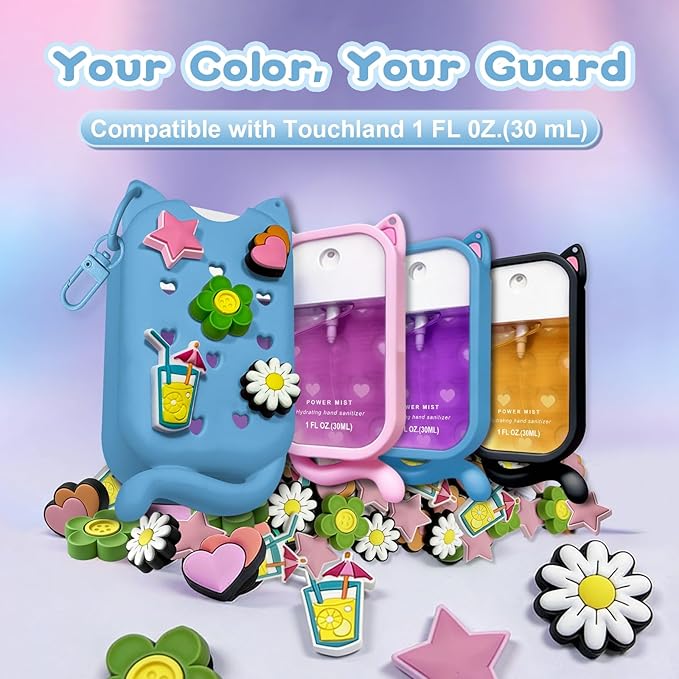 Cat Silicone Case with Keychain & Charms for Touchland Hand Sanitizer Spray, Protective Holder Compatible with Power Mist & Glow Mist 1 FL Oz/30ML