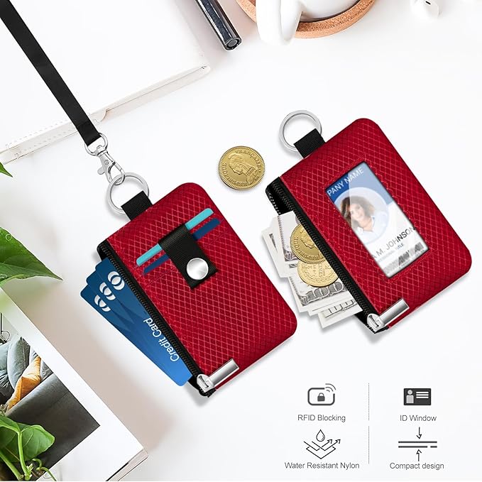 Minimalist RFID Blocking Small Wallet with ID Window,WaterResistant Zip Id Case Wallet with Lanyard Keychain for Cards,Cash,Travel,Women,Men (Red)