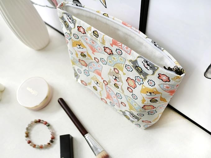 HAPPYHEIDI Canvas Pouch for Travel, Makeup Bag Case, Creamy White Dogs, Cotton, Animal Print, Zipper Closure, 7.1x2.4x7 Inches