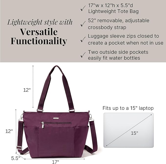 Baggallini Essential Laptop Tote - Work Tote Bag with Laptop Sleeve - Lightweight Travel Crossbody Shoulder Bag for Women