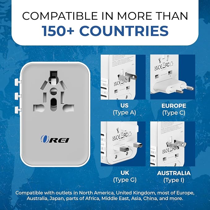OREI 45Watt Universal Travel Adapter | 3X USBC 2XUSB A - 6-in-1 Universal Power Adapter | Universal Chargers for All Devices Compatible 150+ Countries | Type C, A, G, I Compatible