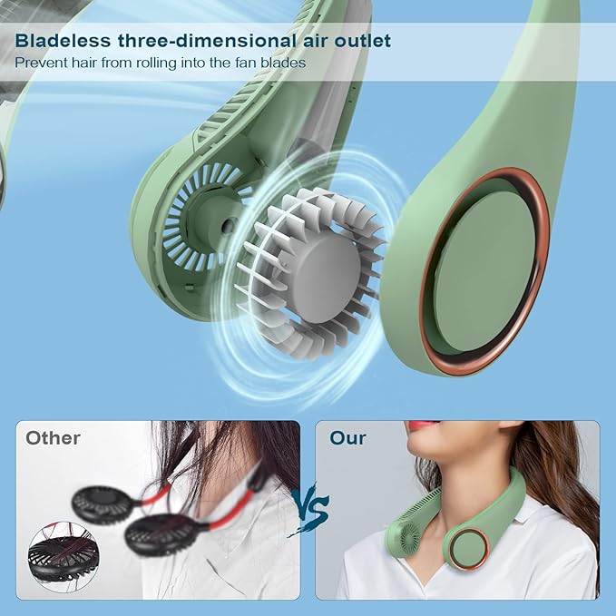 CIVPOWER Neck Fan: Portable Personal Neck Cooling Rechargeable Bladeless Fan - Hands Free 3 Speed 4000 mAh Battery USB Operated Wearable Headphone Design - Gift for Men Women Outdoor (Light Green)