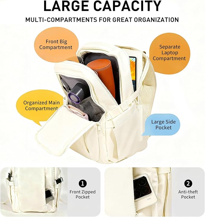 Travel Backpack for Women Men Carry on Backpack, Airline Approved Large Travel Bag Flight Approved Personal item, 15.6 Inch Laptop Backpack Casual Daypack for Weekender Business Hiking-WHITE