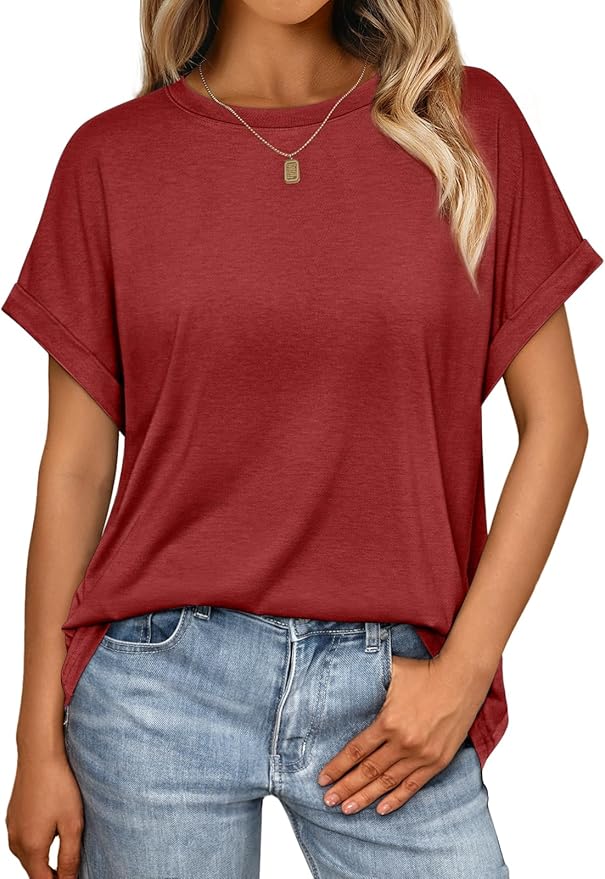 AUTOMET Women's Oversized Short Sleeve T Shirts Casual Drop Shoulder Rolled Cuff Summer Tops for Work, Travel and Lounge