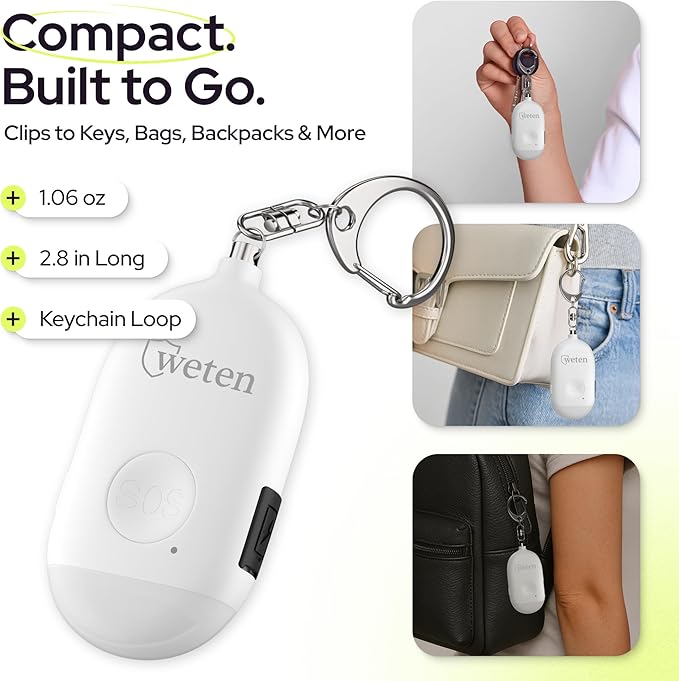 Weten Rechargeable Personal Alarm Keychain - 130dB Siren & LED Light - Stylish Personal Safety Alert for Women to Carry - Panic Button Alarm for Security - Rape Whistle for Self Defense (White)
