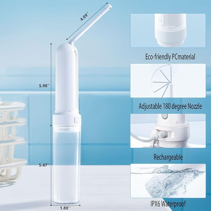 Rechargeable Portable Bidet - Handheld Travel Bidet Sprayer with 3 High Pressure Modes, IPX6 Waterproof & Cordless Design for Ultimate Personal Hygiene at Home and On The Go (White)