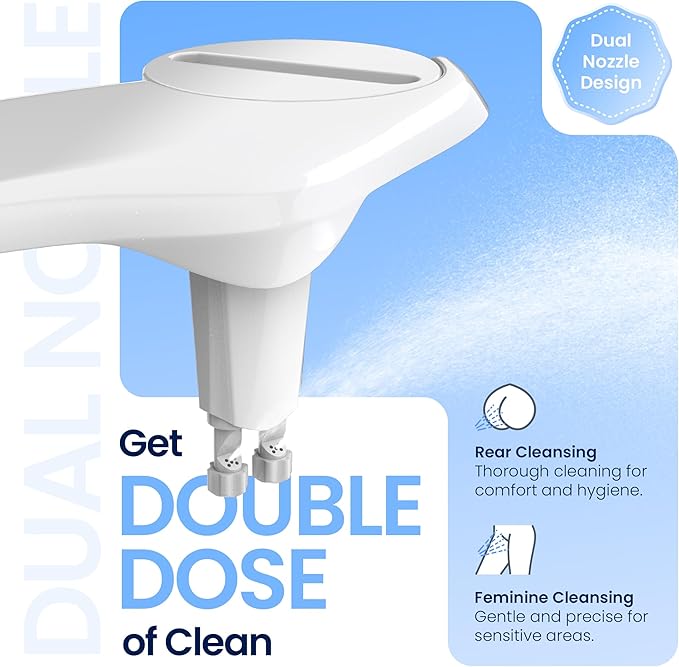 CLEAR REAR Bidet Attachment for Toilet Seat - Non-Electric with Self Cleaning Nozzles, Leak Proof Connectors, Adjustable Water Spray, Rear & Feminine Wash - Hygienic Bathroom Upgrades (White)
