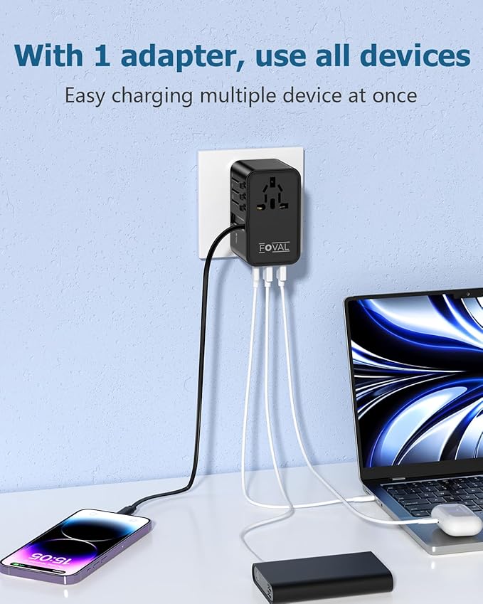 FOVAL European Travel Plug Adapter, Universal Travel Adapter with Retractable USB C Cable, All-in-one International Power Adapter for Europe Italy UK US AUS (70W)