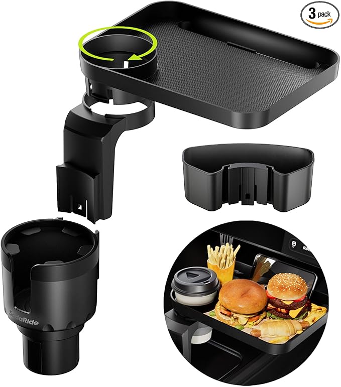 SodaRide Car Cup Holder Expander Tray with Storage Box 4 in 1 Detachable Food Table Tray Car Console Storage Organizer Road Trip Essentials Accessories Gadgets - Fits Yeti, Hydro Flask 32/40 oz