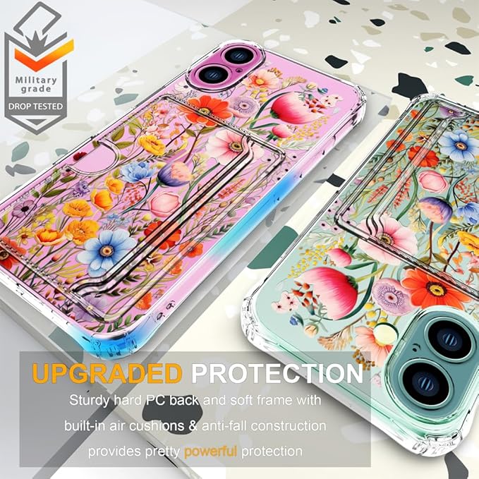 Compatible with iPhone 16 Case Card Holder for Women Cute Design,Wallet Phone Cases Transparent Cool Kawaii Protective (Clear Flowers Lily Girly Florals)