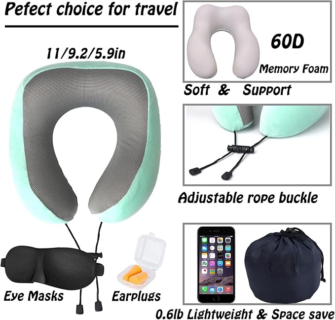 Travel Pillow,Travel Neck Pillows for Sleeping,100% Pure Memory Foam Soft Comfort & Support Pillow for Airplane/Car/Office&Home Rest Use-Blue Green