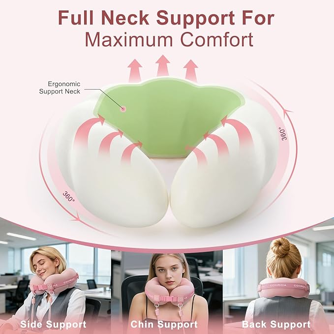 Travel Neck Pillow for Airplane Sleeping – 360° Head Support Prevents Bobbing, 100% Memory Foam Ergonomic Neck Cushion with No-Case-Needed Carry Strap for Long Flights & Car – Washable Cover (Pink)