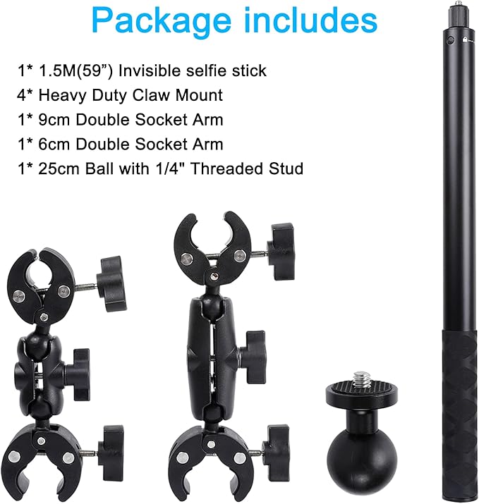 Motorcycle Mount kit for Insta360 One X5 X4 X3 X2 RS DJI OSMO 360 GoPro MAX 2- Double Clamps Handlebar Holder with 155cm Selfie Stick for Motorcycle and Bicycle Riding Records