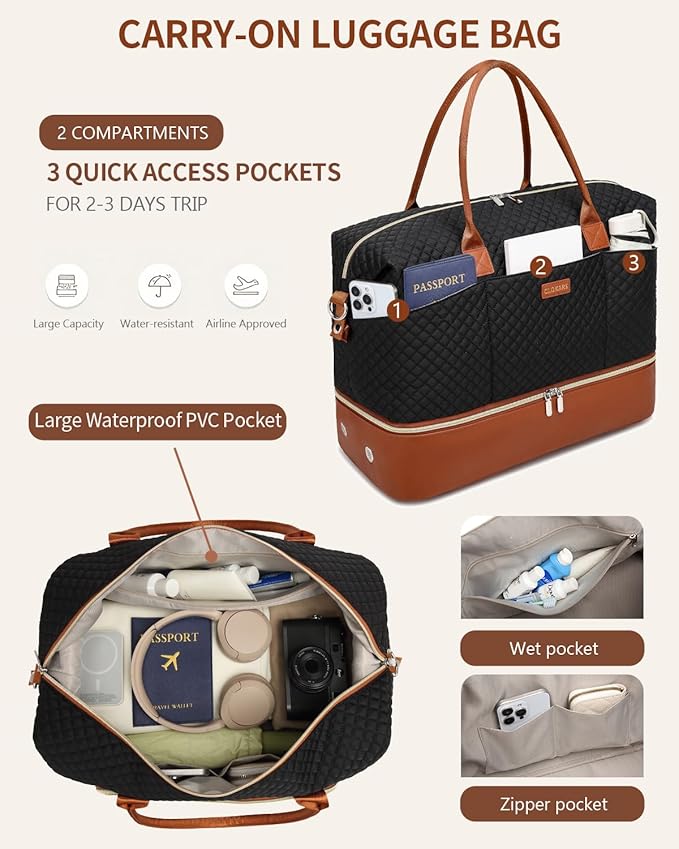 Travel Bag for Women, Weekender Bags Large Carry On Overnight Bag Duffel with Separate Shoes Compartment & Strap, Hospital Bags for Labor and Delivery, Black Brown