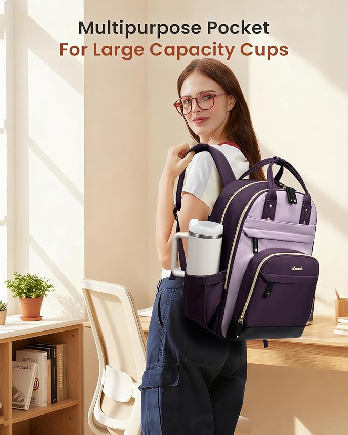 LOVEVOOK Laptop Backpack for Women with Giant Tumbler Holder Pocket,15.6 inch School College Book Bag Nurse Teacher Backpack,Work Travel Backpack Purse Laptop Computer Bag, Dark purple-Purple-Rust red