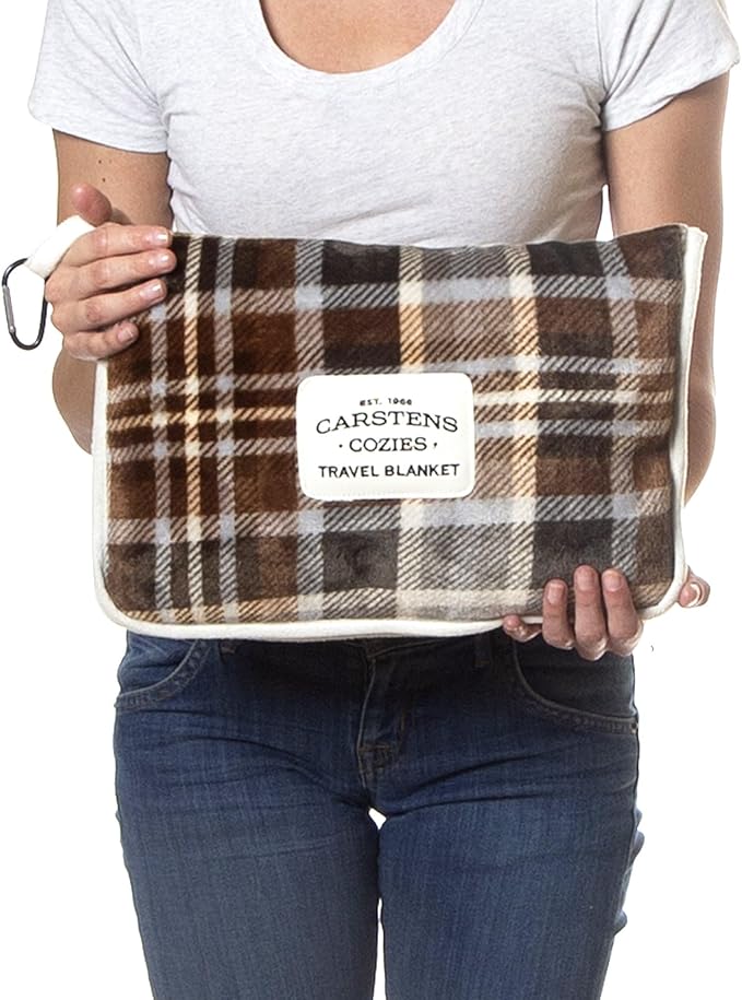 CARSTENS, INC. Travel Blanket, Premium Compact 2-in-1 Airplane Blanket/Pillow, Grey & Chestnut Plaid