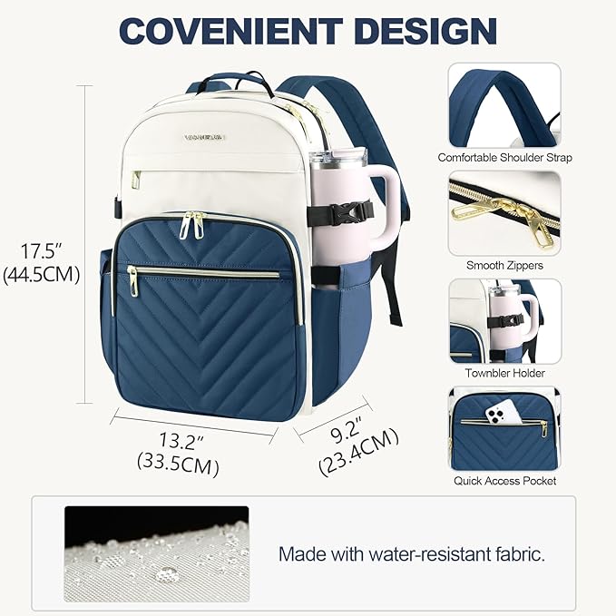 VANKEAN Laptop Backpack for Women with Giant Tumbler Holder Pocket,17.3 inch School College Book Bag Nurse Teacher Backpack,Waterproof Work Travel Backpack Purse Laptop Computer Bag, Beige-Haze blue