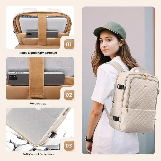 MDODO Travel Backpack for Women Men - Large Carry on Backpack fits 15.6" Laptop Lightweight Travel Bag Daypack Waterproof Causal Bookbag Backpack for College,Work,36L, Beige