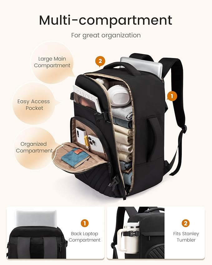 LOVEVOOK 40L Travel Backpack for Women Men, TSA Personal Item Travel Bag Fits 17.3inch Laptop, Waterproof Airline Approved Carry On Luggage With 2 Cubes for Weekender Hiking Business, Black