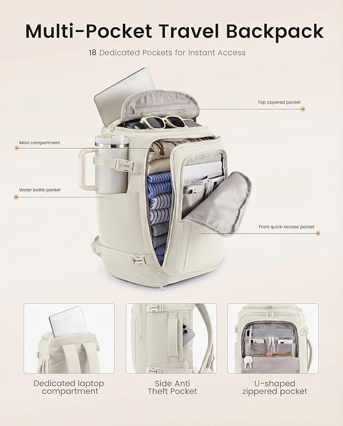 LOVEVOOK Travel Backpack for Women & Men, 40L TSA Approved Carry On Backpack with 3 Packing Cubes, Waterproof Weekender Overnight Bag for 2-4 Day Trips, Business & Travel Essentials, Beige Gray