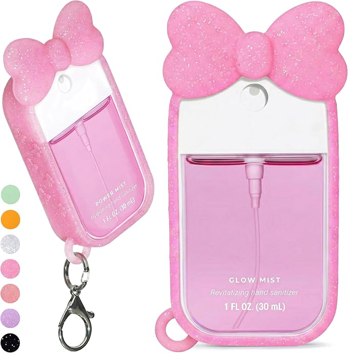 Silicone Bow Case Compatible with Touchland Hand Sanitizer Spray 1 oz (30 mL), Cute Holder with Keychain Clip, Gift for Girls