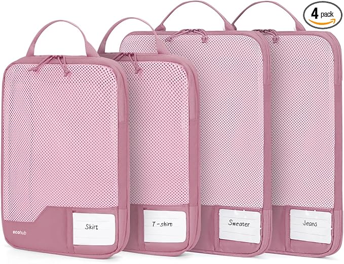 ECOHUB 4 Set Compression Packing Cubes for Travel Essentials, Suitcases Organizer Bags with Tag, Travel Bags Organizer for Luggage, Dusty Rose-Compress