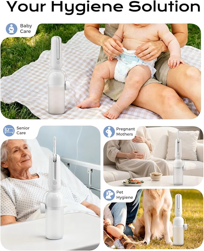 ESSAGER Portable Bidet for Travel, Foldable & Rechargeable Handheld Sprayer–Waterproof with 2 Pressure Modes, 350ml Expandable Bottle for Women, Men, Baby, Postpartum & Personal Hygiene(White)