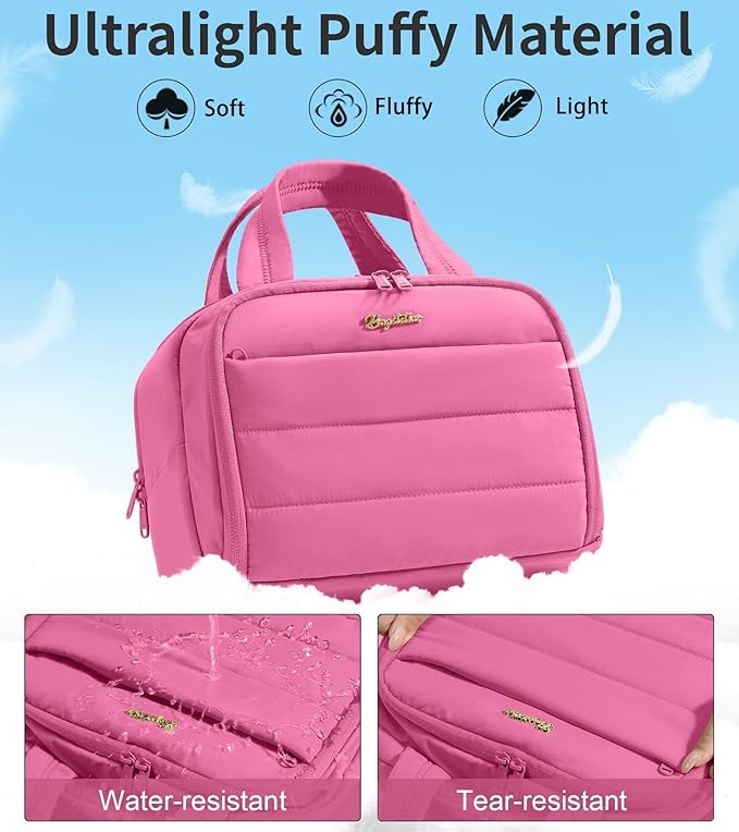 Bagstellar Travel Toiletry Bag for Women, Lightweight Large Quilted Puffy Makeup Bag Wide-open Make up Organizer Cloud Cosmetic Bag w/Handle for Traveling, Toiletries Essentials Accessories Rose Pink