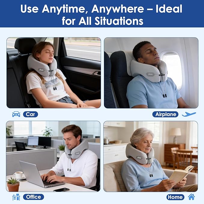 jiaao Travel Pillow Memory Foam Neck Support, Advanced Memory Foam Neck Pillow for Airplanes, Cars & Trains with Eye Mask, Earplugs & Storage Bag