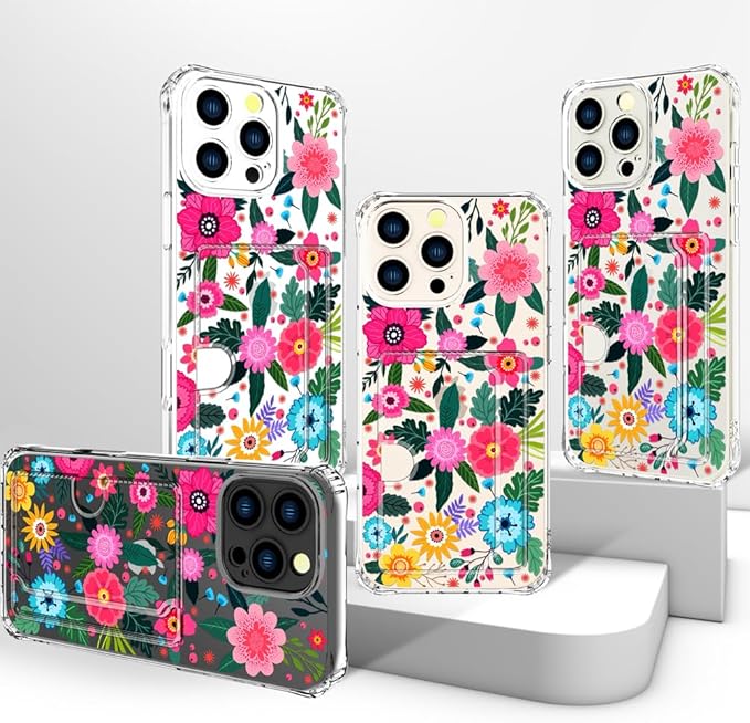 Compatible with iPhone 16 Pro Case Card Holder for Women Cute Design,Wallet Phone Cases Transparent Cool Kawaii Protective (Clear Floral Spring Blossom)
