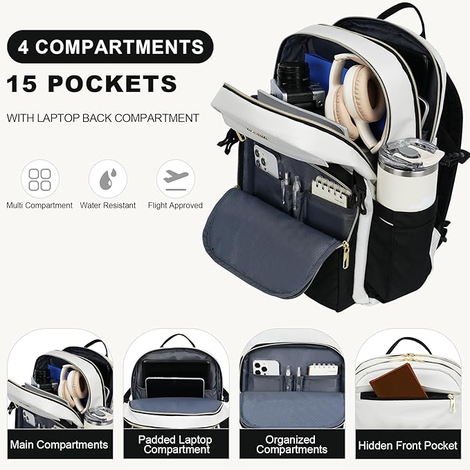 VANKEAN Laptop Backpack for Women with Pouch Pocket for Large Capacity Tumbler, 15.6 Inch Laptop Computer Bag Travel Backpack Purse,Waterproof Work Business Backpack College Teacher Bags Beige-Black
