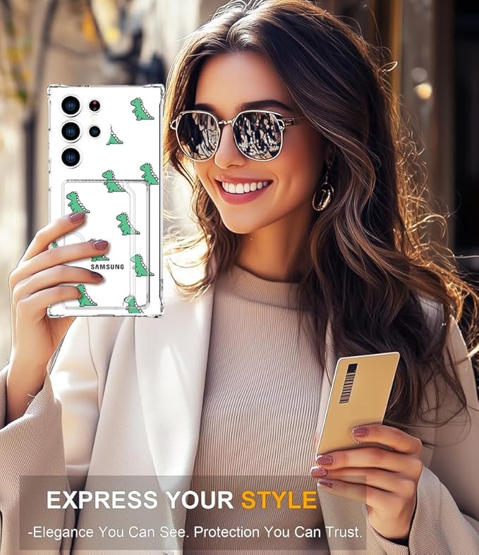 Compatible with Samsung Galaxy S24 Ultra Case Card Holder for Women Cute Design,Wallet Phone Cases Transparent Cool Kawaii Protective (Clear Lovely Dinosaurs Animal)