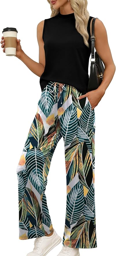 WIHOLL Two Piece Set for Women Summer Spring Outfits Cruise Travel Airport Beach Vacation Mock Neck Wide Leg Pants Set