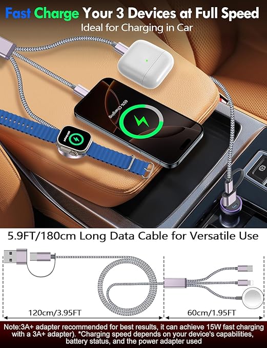 Travel Essentials for Apple Watch Charger,iPhone Charger,3 in 2 Multi Charging Cable,Type C/Magnetic Fast Charging Cable [Portable] for iWatch Series Ultra/11/10/9/SE,iPhone 17-11-6FT Gray