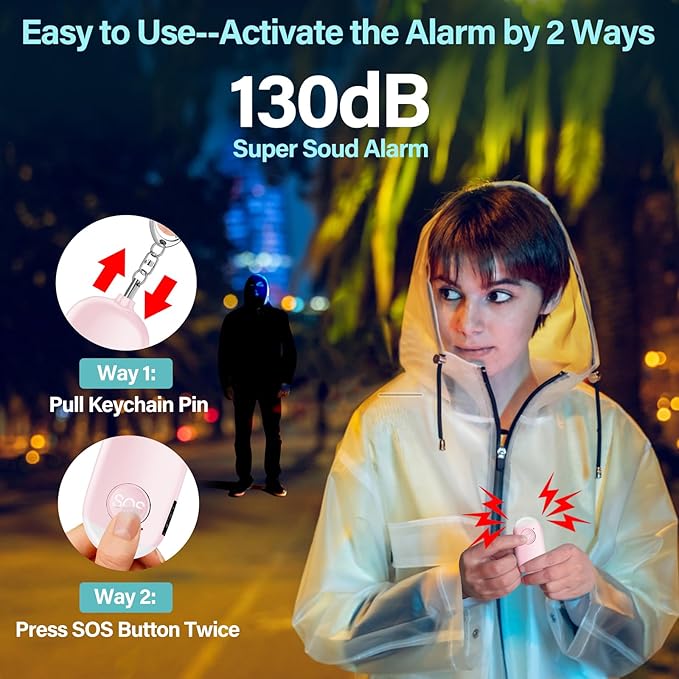 Hion Personal Safety Alarm for Women, 2 Pack Rechargeable 130dB Self Defense Alarm Keychain with LED Flashlight, Emergency Safe Sound Security for Children Elderly College Girls Men, Pink+Blue