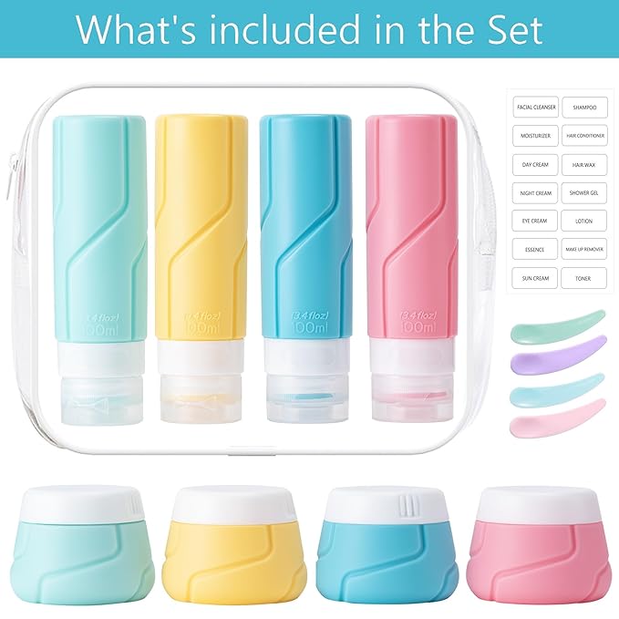 CADONO Travel Bottles for Toiletries 15 Pack, TSA Approved Travel Size Containers 3oz, LeakProof Silicone Squeezable Creams Jars, Refillable Toiletry Bottles for Shampoo, Conditioner (Colorful)