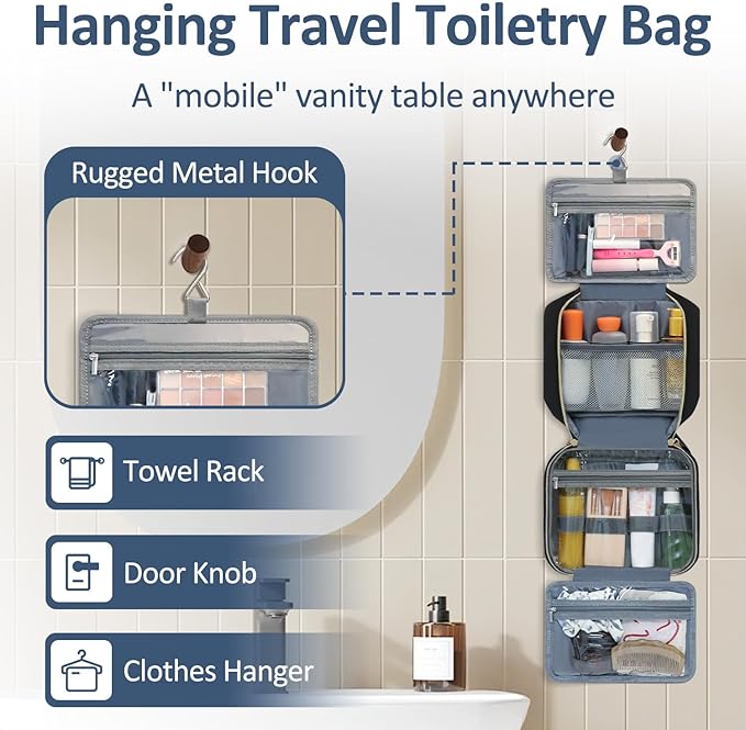 Vankor Travel Toiletry Bag for Women with Hanging Hook, Waterproof TSA Approved Cometic Toiletry Bag Organizers Leakproof Make up Bags for Women Black