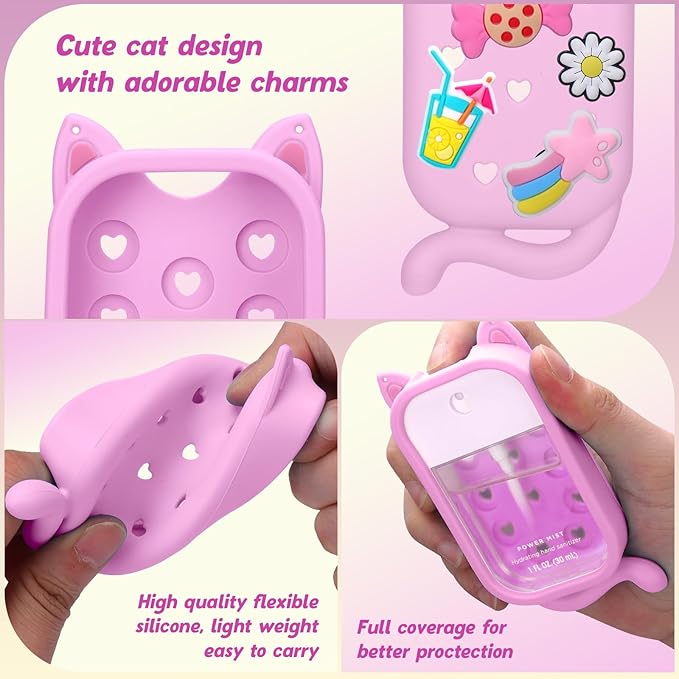 Juome Hand Sanitizer Spray Case for Touchland with Adjustable Keychain Lanyard & Charms, Cat Silicone Protective Holder for Touch Land Mist Case 1FL. OZ, Travel Cover Sleeve Accessory - Pink