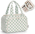 Narwey Checkered Travel Toiletry Bag for Women Large Makeup Bag, Wide-open Cosmetic Make Up Organizer with Handle, Travel Bag for Toiletries, Essentials, Accessories (Mint Green Checkerboard)