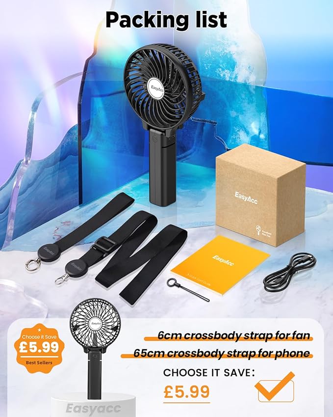 EasyAcc Handheld Fan Portable Rechargeable, Ultra Quiet &180° Foldable & Up 10 Hours & 3 Speeds Powered Personal Battery Foldable Adjustable Fan Home Travel Outdoor Office Black