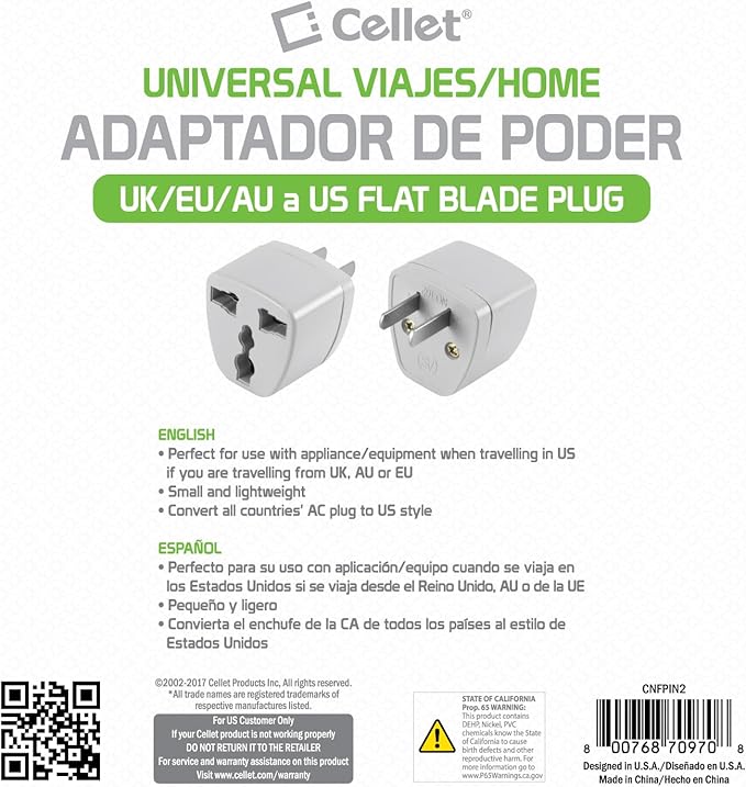 Cellet Universal Travel Adapter: Seamless Plug Conversion for International Travelers AC Wall Power Adapter to Convert China, UK, AU, EU & Other Plugs to US, Mexico, Canada Plug (2PACK) (Type-A)