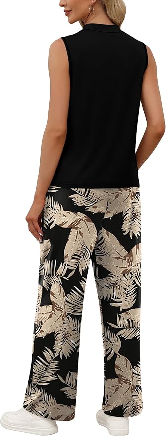 WIHOLL Two Piece Set for Women Summer Spring Outfits Cruise Travel Airport Beach Vacation Mock Neck Wide Leg Pants Set
