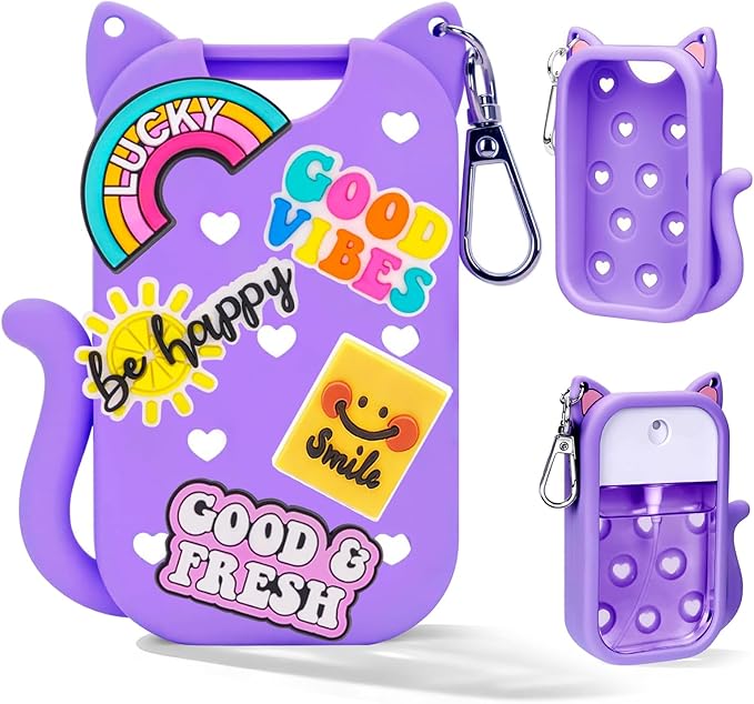 Cat Silicone Case for Touchland Hand Sanitizer Spray with Keychain&Charms,Compatible with Power Mist & Glow Mist 1 FL Oz/30ML for Touchland Case,Cute Travel Cover Sleeve Accessory (Purple Cat)