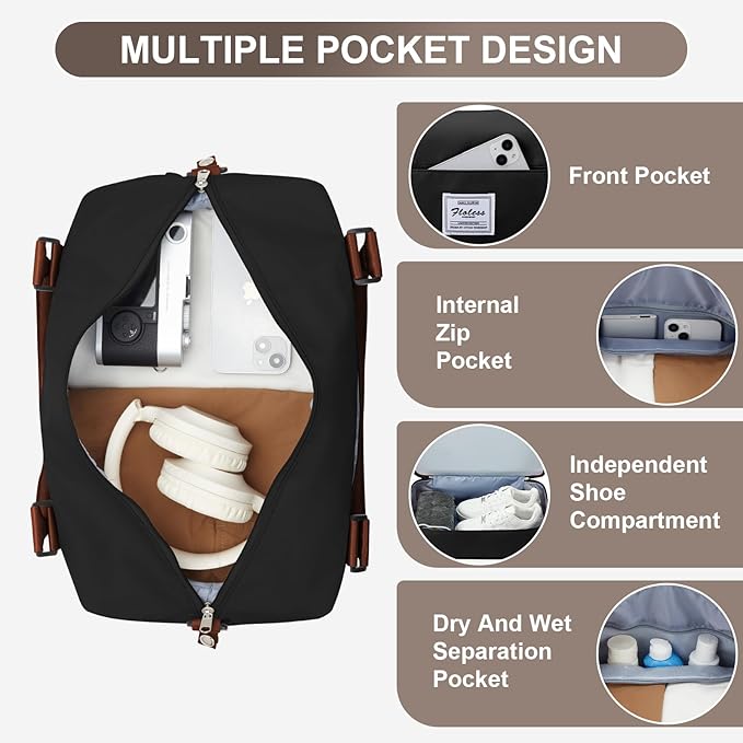 Travel Duffel Bag, 18x14x8 Inches Travel Bag Spirit with Shoes Compartment, Weekender Overnight Bag for Women with Trolley Sleeve, Carry On Bag for Airplanes Sport Tote Gym Bag(Blackbrown)
