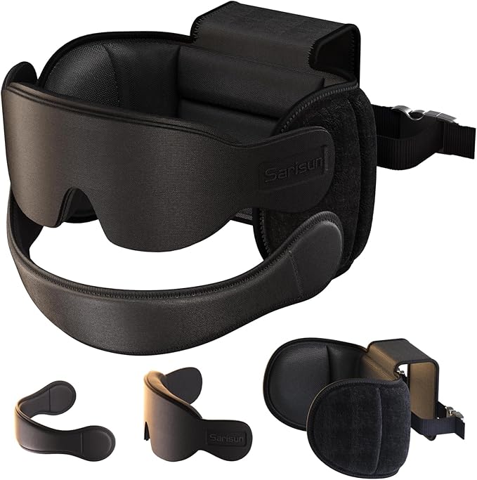 SARISUN Travel Pillow for All Airplane Seats, Airplane Pillows Combo with Chin Strap, 3D Eye Mask for Sleeping, 360° Support Travel Head Strap, Long Flights Essentials, Stop Bobblehead, Black