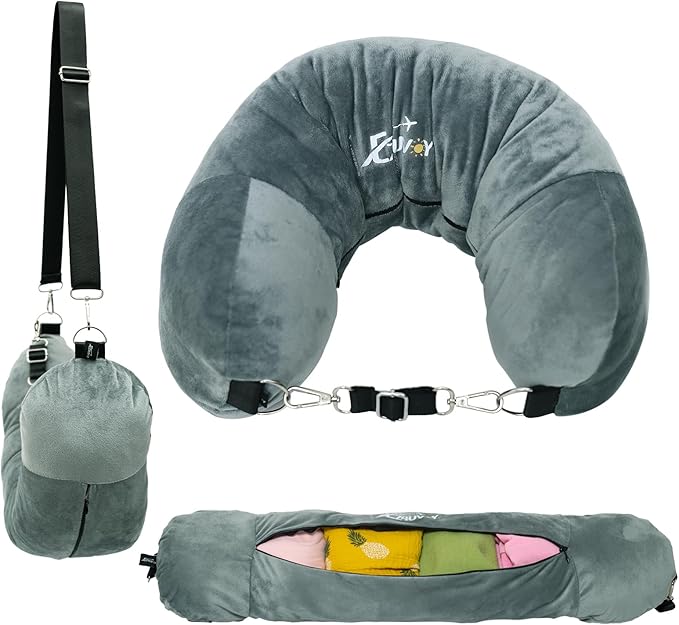 Travel Neck Pillow Stuffable with Clothes, Stuffable Neck Pillow for Travel, Packable Fillable Storage Bag for Airplane Travel, Soft Velvet Neck Pillow Case Cover
