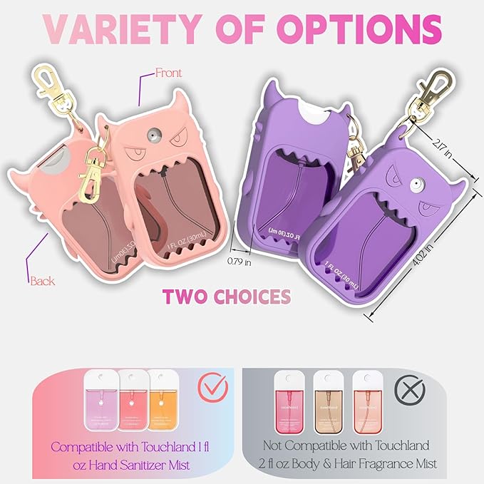 Hand Sanitizer Case Compatible with Touchland, Cute Monster Silicone Holder Keychain 1 Fl Oz, 2 Pcs Pink & Purple