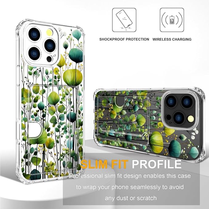 Compatible with iPhone 16 Pro Max Case Card Holder for Women Cute Design,Wallet Phone Cases Transparent Cool Kawaii Protective (Clear Green Flower Leaves Buds)